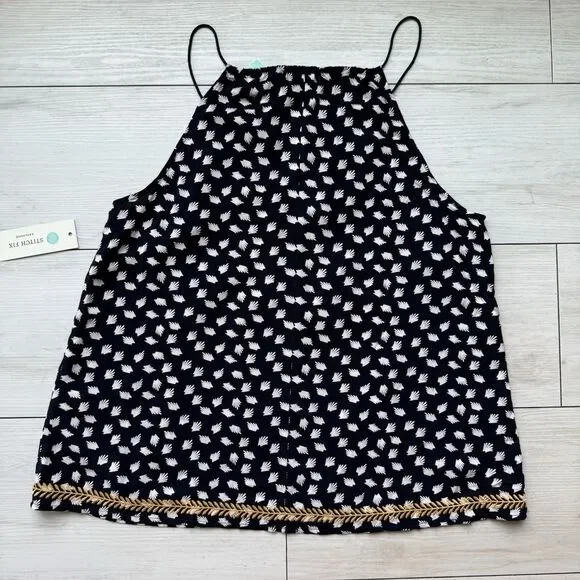 THML Navy Blue Women’s Small Silvano Embroidered Yellow Boho Tank Top Tassels - Picture 7 of 9